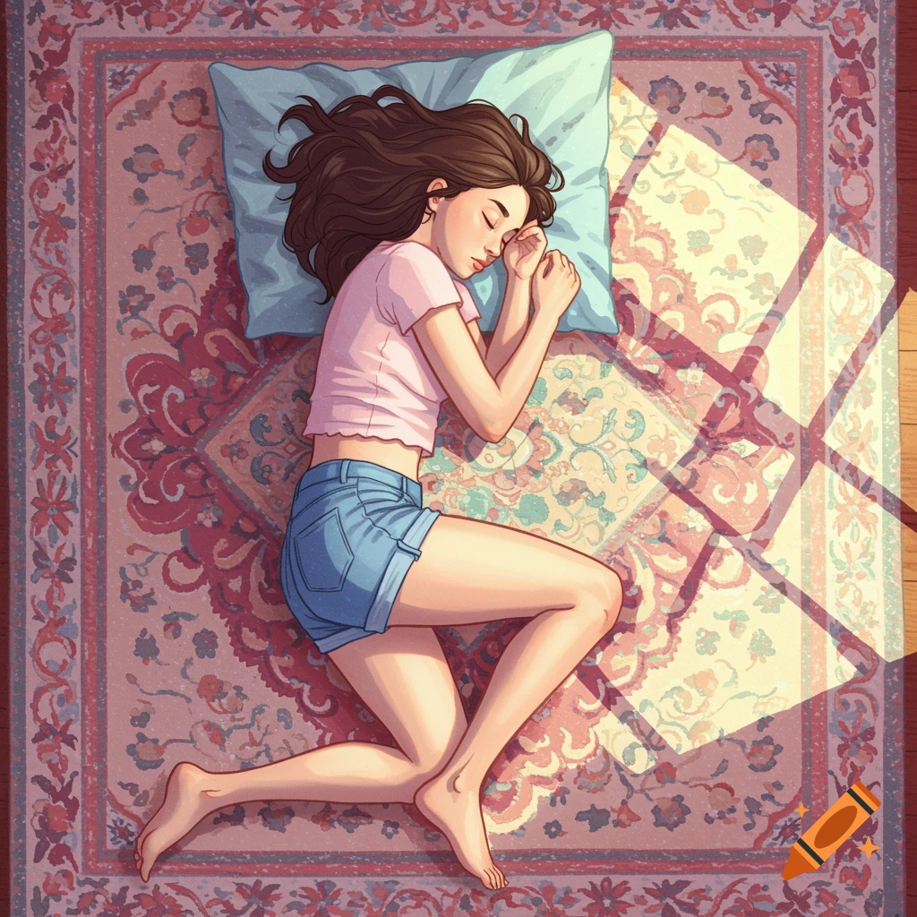 Digital illustration of a teenage girl sleeping on a colorful patterned rug bathed in sunlight.