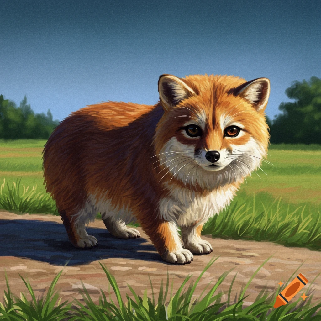 A stylized orange and white fox stands on a dirt path in a green field.