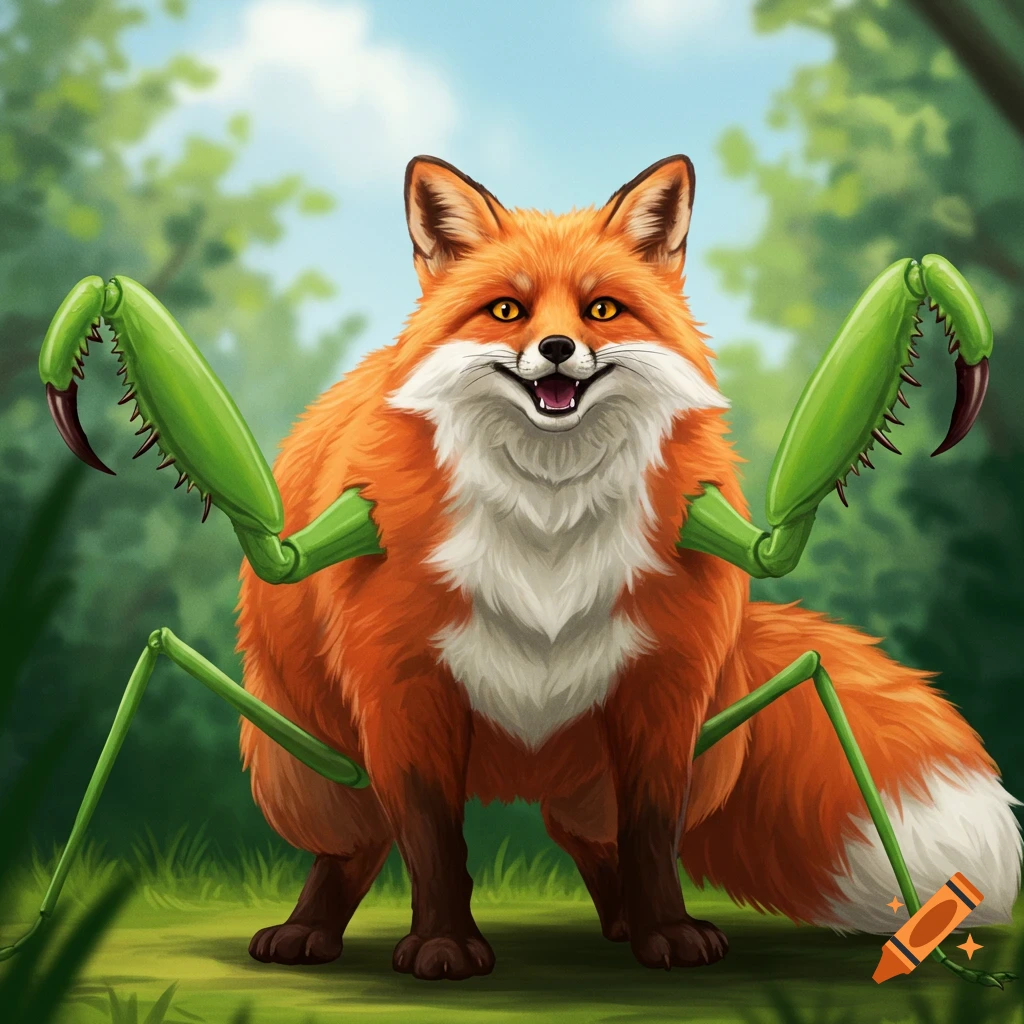 A fox with praying mantis arms stands in a forest.