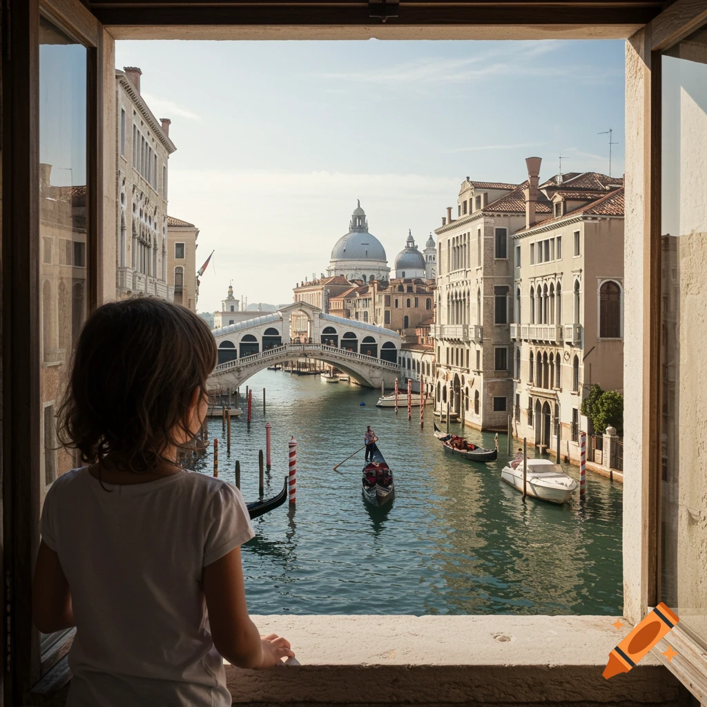 Young girl looks out window at Venice Grand Canal with Rialto Bridge and gondolas.