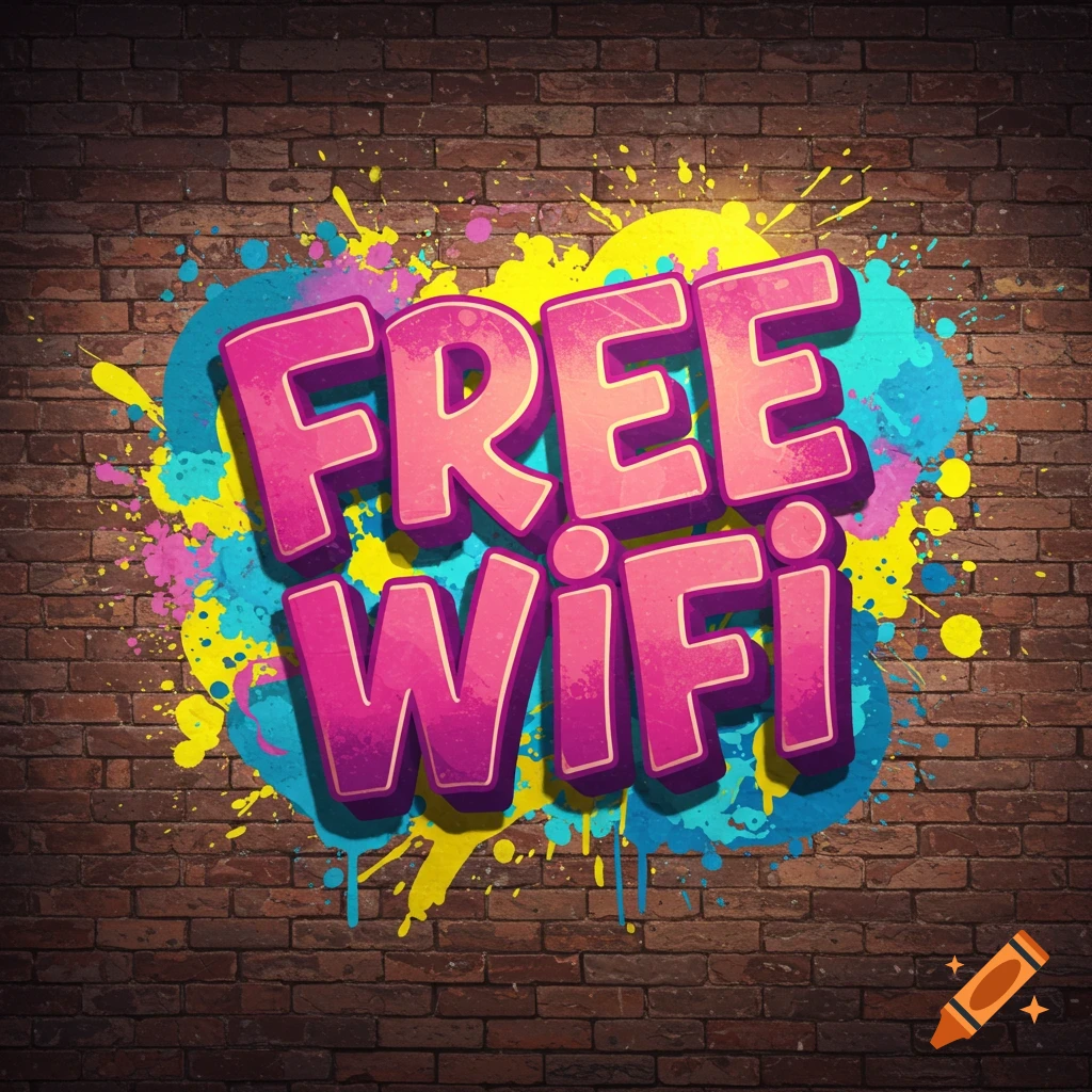 Graffiti text 'FREE WiFi' with paint splatters on a brick wall.