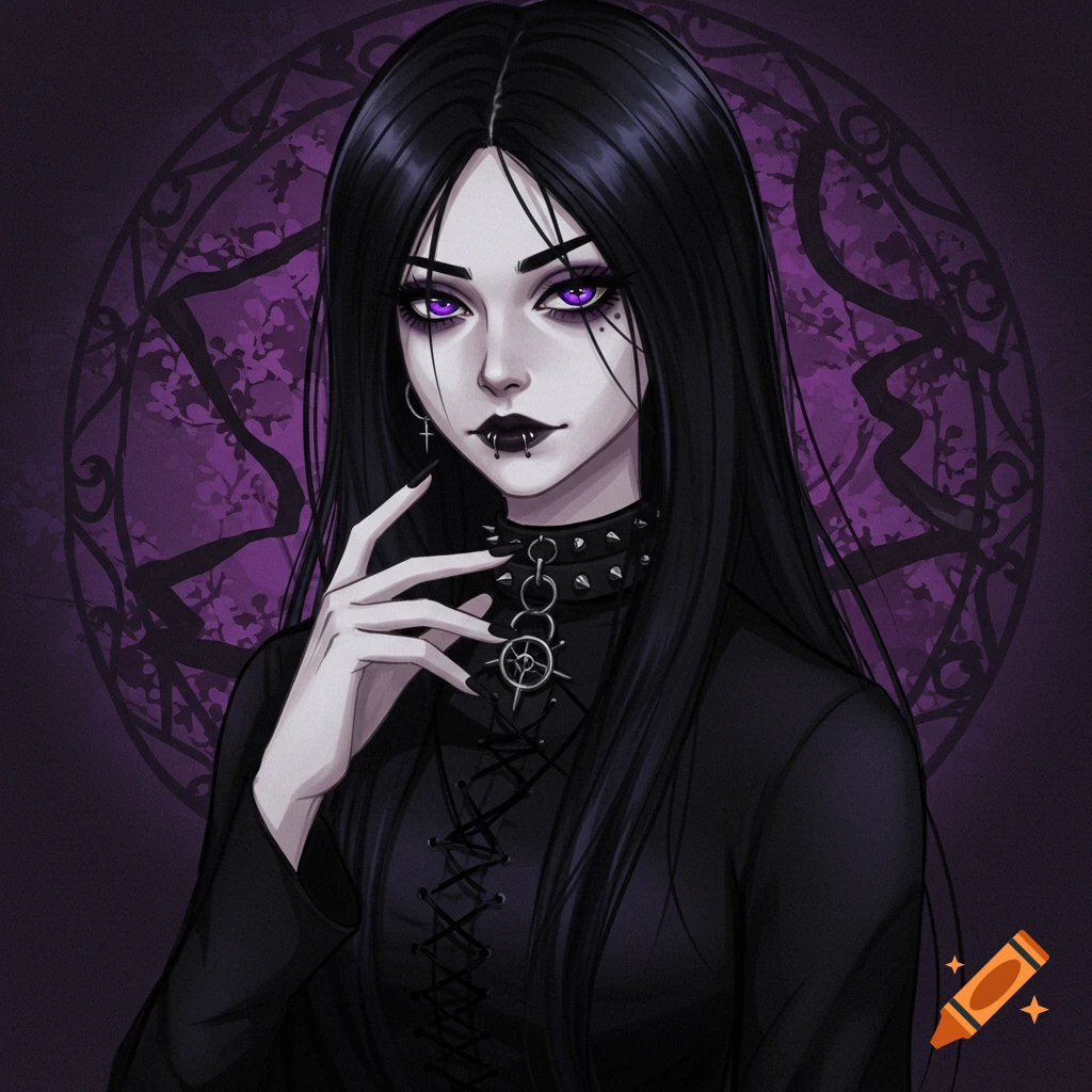 A gothic anime portrait of a woman with black hair, purple eyes, dark makeup, and a spiked choker.