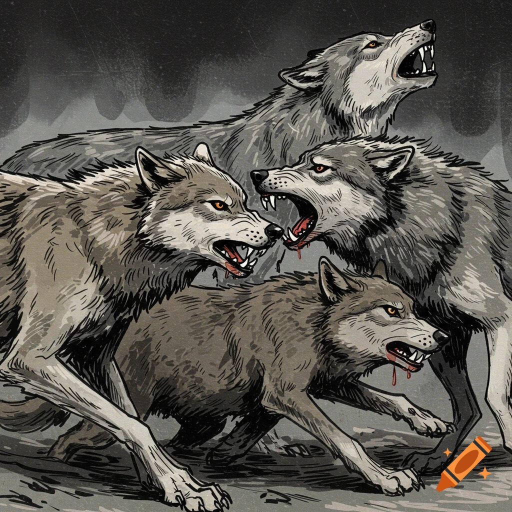 Stylized illustration of four aggressive wolves with bared teeth