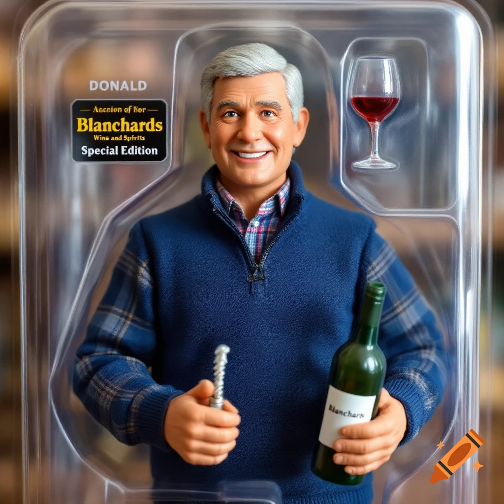Action figure of a man in blister pack holding wine bottle and corkscrew, with a miniature wine glass accessory.