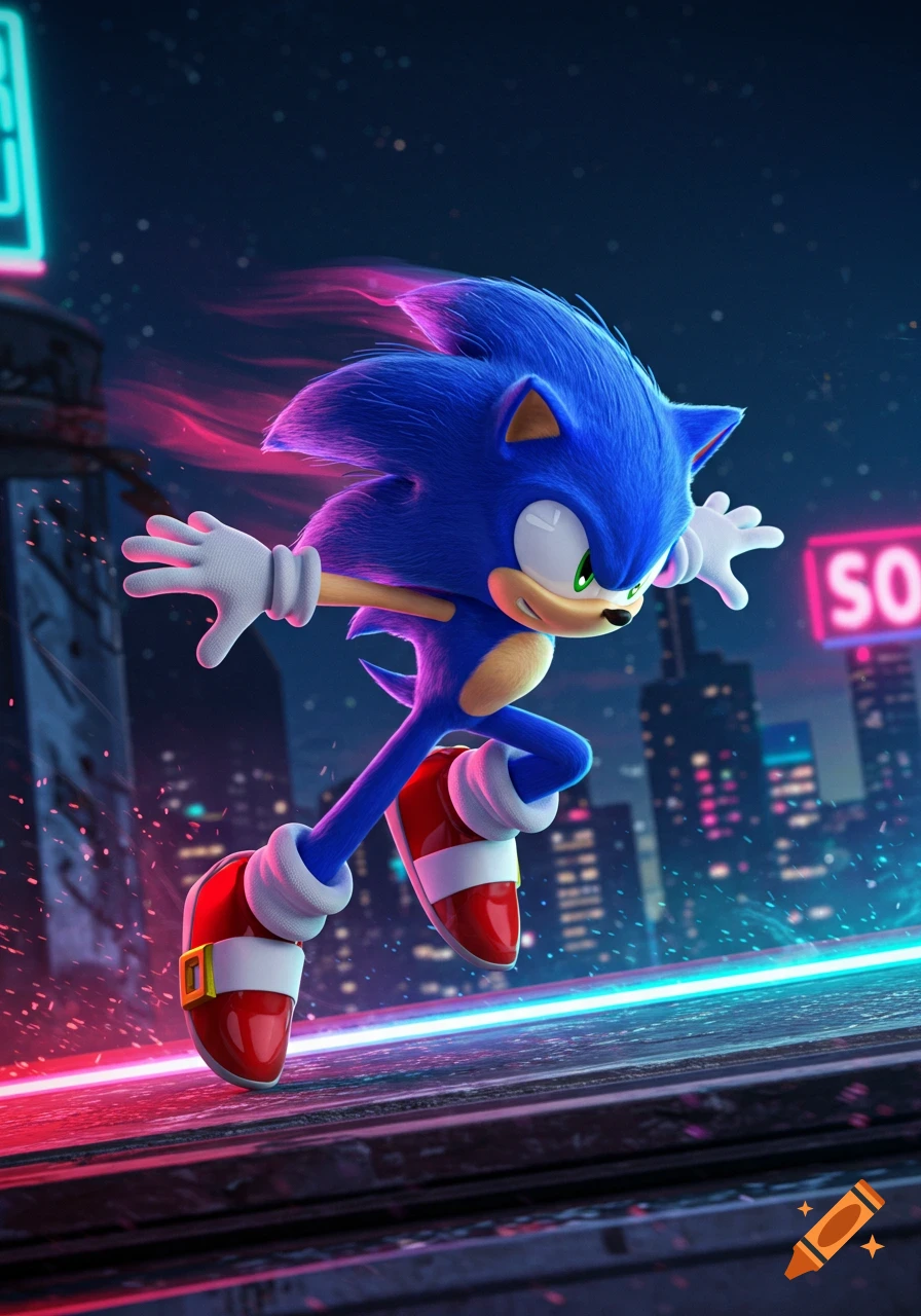 Modern Sonic the Hedgehog runs through a neon-lit city at night.