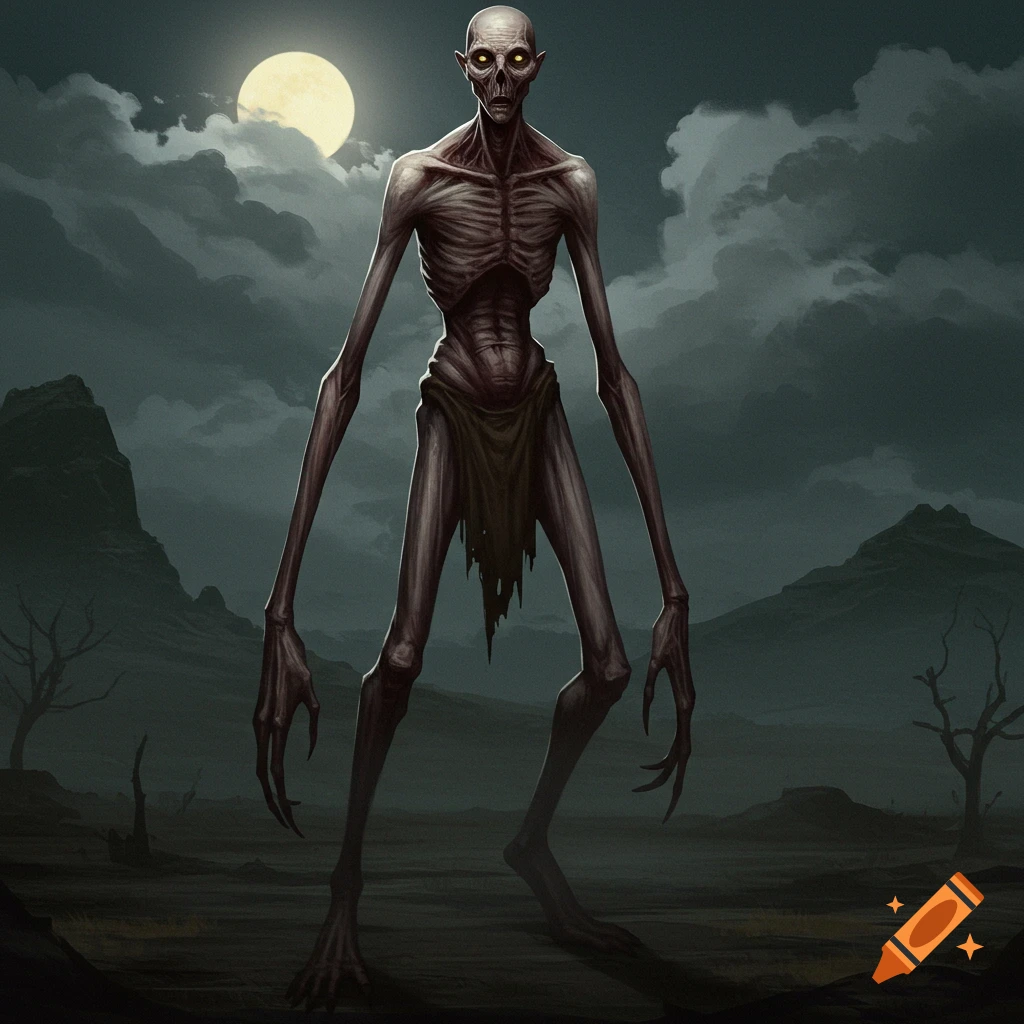 A tall, skeletal creature with long limbs and glowing eyes stands in a desolate landscape under a full moon.