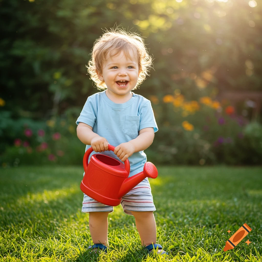 A happy toddler boy holding a red watering can in a sunny garden.