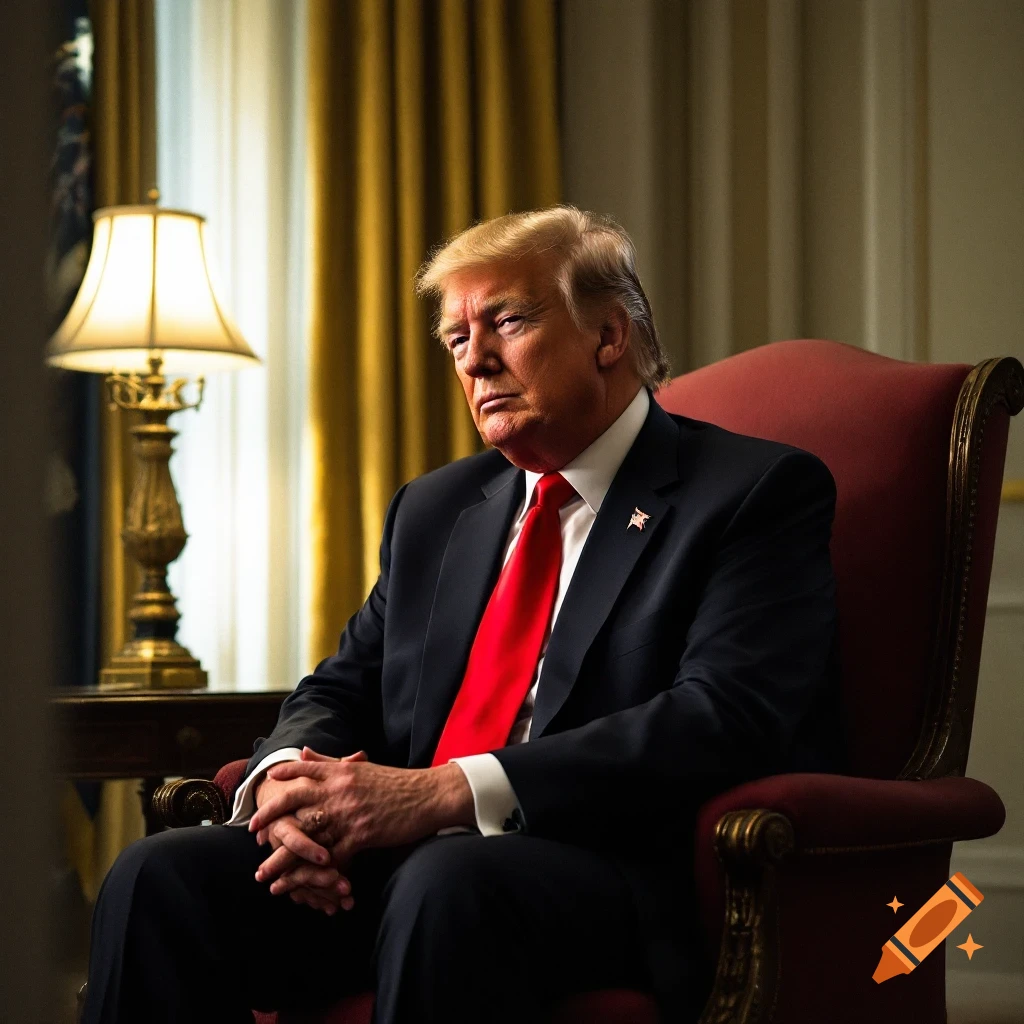 Donald Trump sits in a red chair in a room with yellow curtains, wearing a suit and red tie. Photorealistic style.