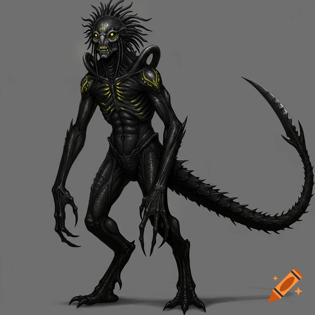 Black alien creature with multiple yellow eyes, spikes, boney structure, and a long bladed tail.