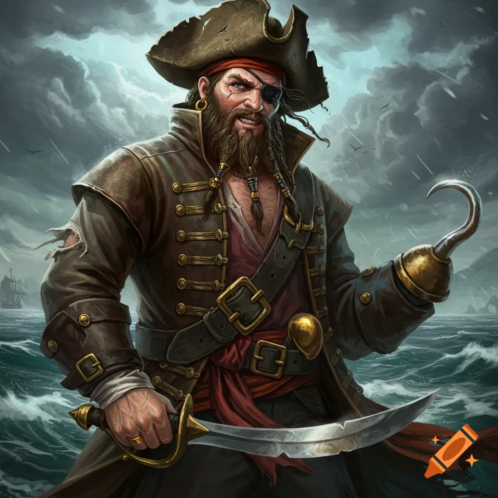 A rugged pirate with a hook hand and sword stands in a stormy sea.