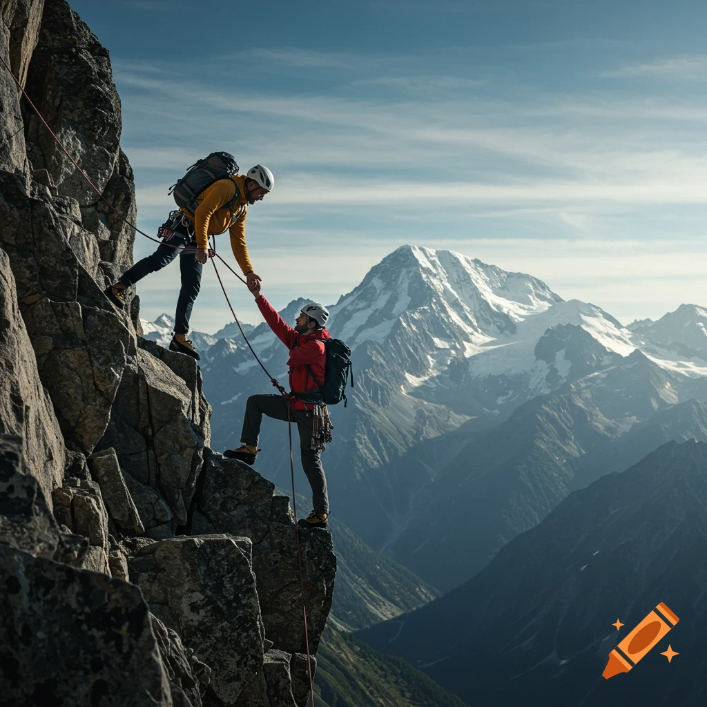 Two mountain climbers helping each other up a rocky cliff face with a snowy mountain in the background.