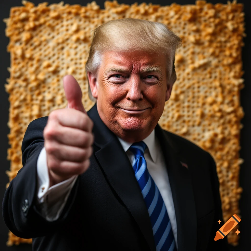 President Trump gives a thumbs up in front of a background of Passover matzah.