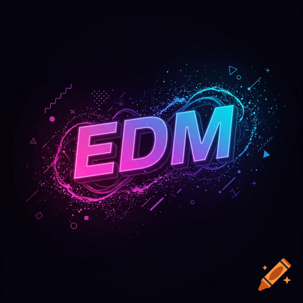 Vibrant 3D 'EDM' text with pink/blue gradient, surrounded by particles and abstract shapes on black.