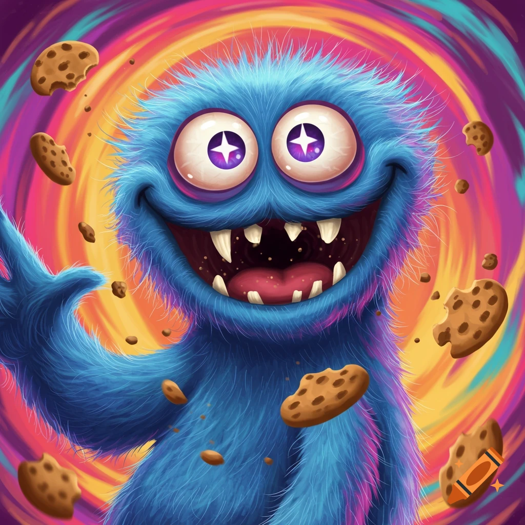 A happy blue furry monster with big eyes and teeth is surrounded by flying cookies against a colorful swirling background.