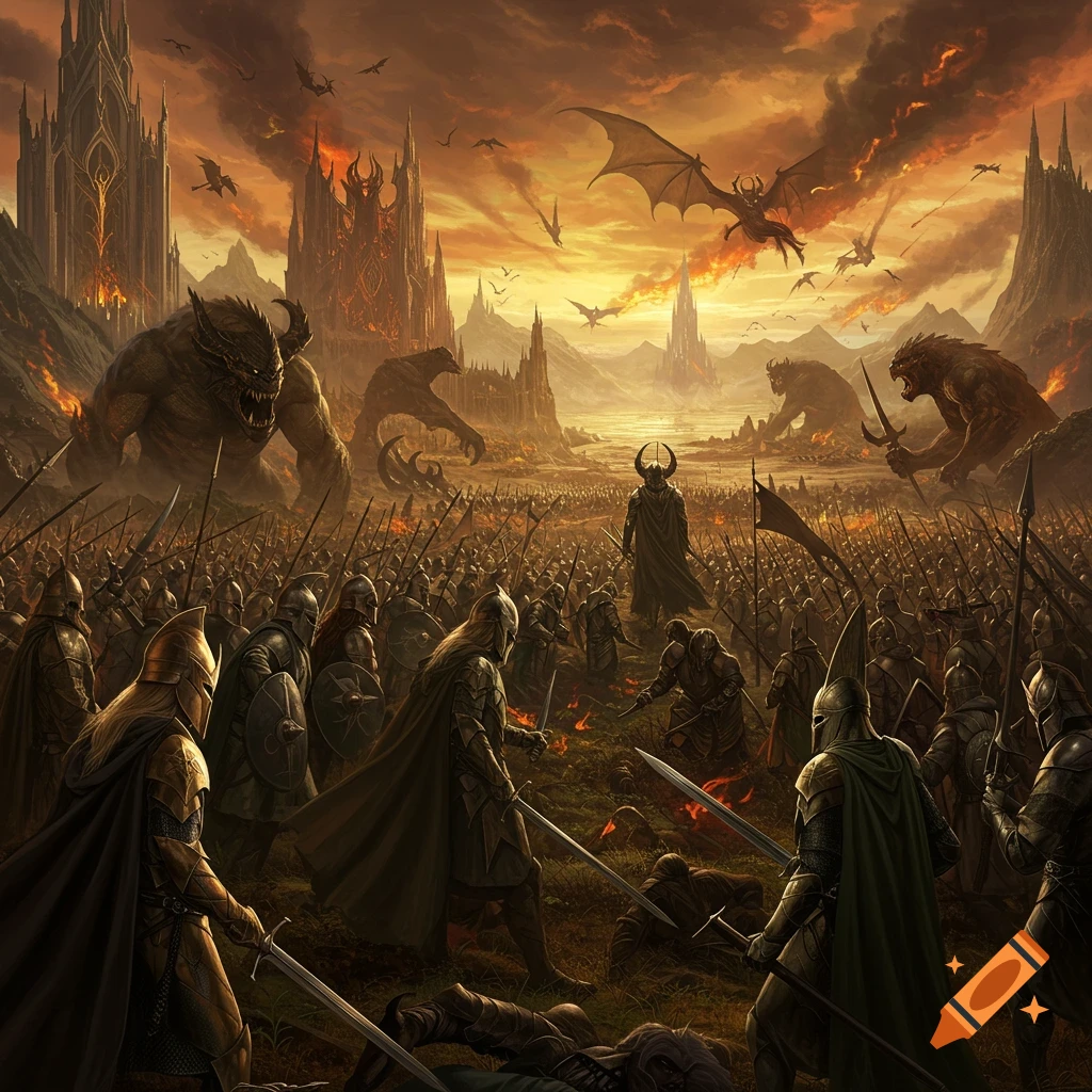 A large fantasy battle scene with armies, monsters, dragons, and dark castles under a fiery sky.