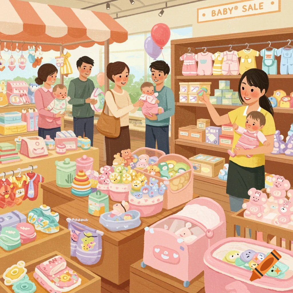 A family is shopping at a vibrant baby sale, looking at clothes, toys, and cribs, while a sales associate helps.