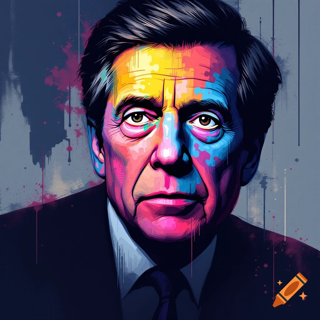 A colorful portrait of a man with abstract paint splatter effects.