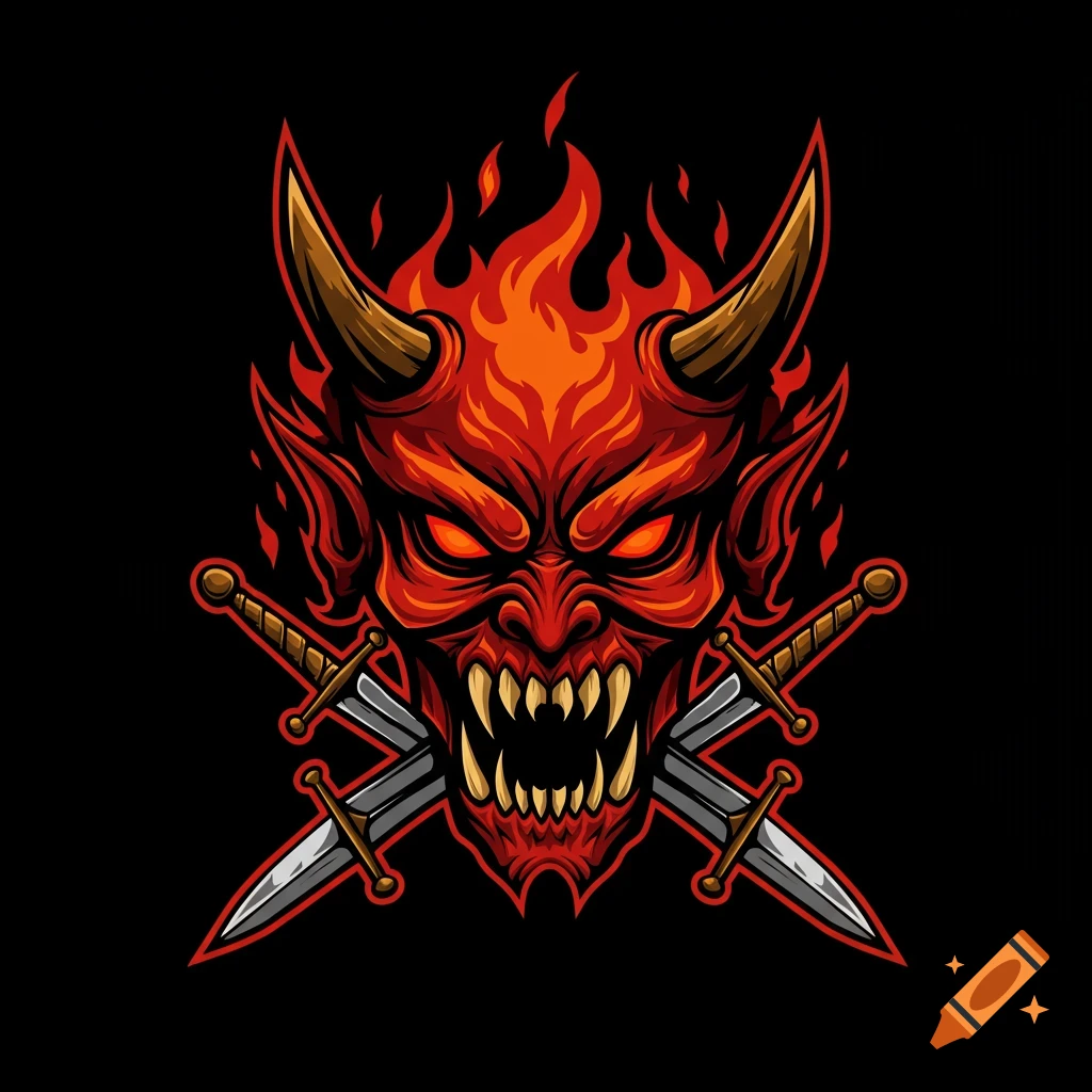 Stylized red demon head with fire and crossed swords