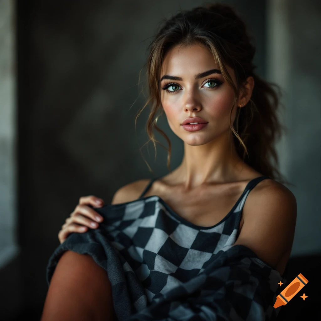 Photorealistic portrait of a young woman with green eyes wearing a checkered tank top.
