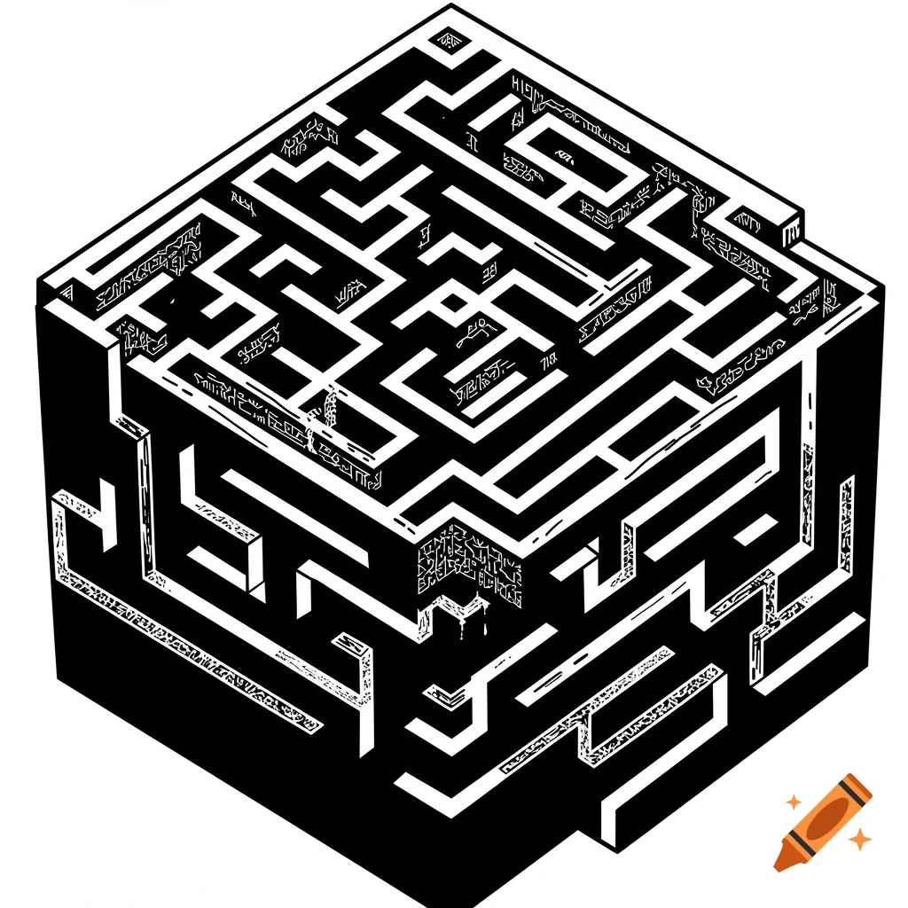 A detailed black and white isometric illustration of a complex cube-shaped maze.