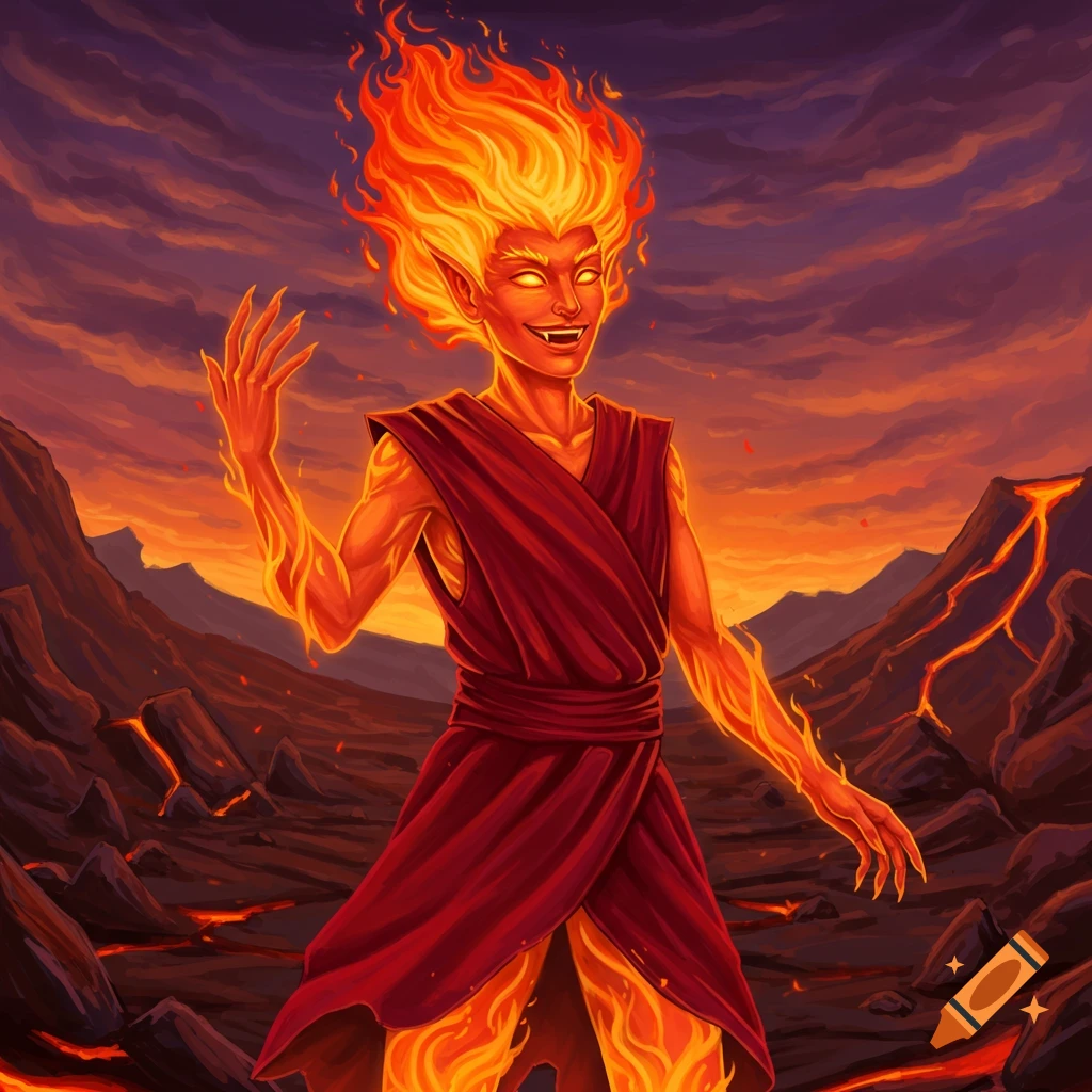 A fire genasi creature with fiery hair and limbs, wearing a red robe, standing in a volcanic landscape.
