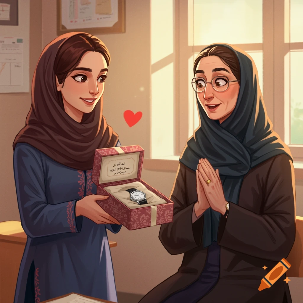 A female student is giving a watch in a gift box to her smiling female teacher in a classroom.