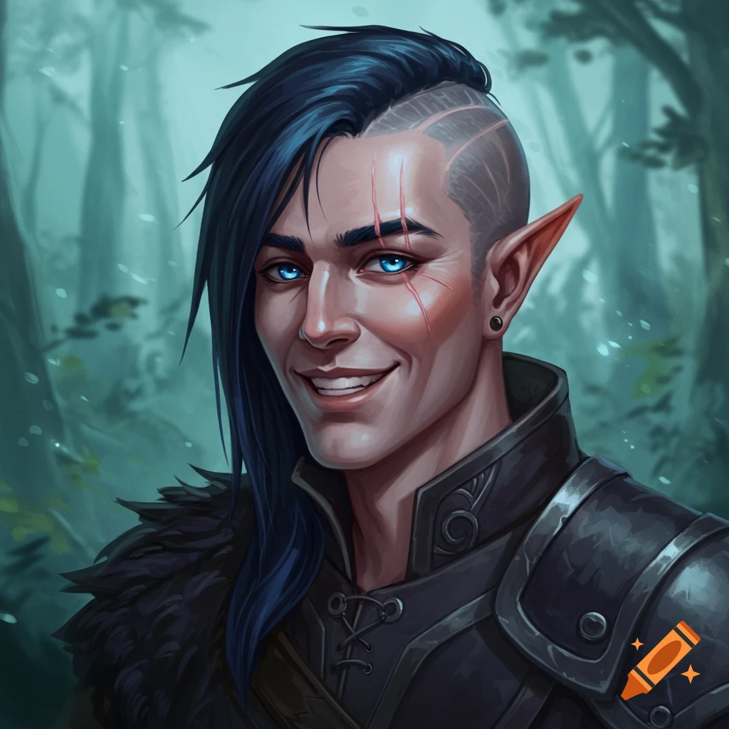 Portrait of a smiling male elf with blue hair and scars in a forest.