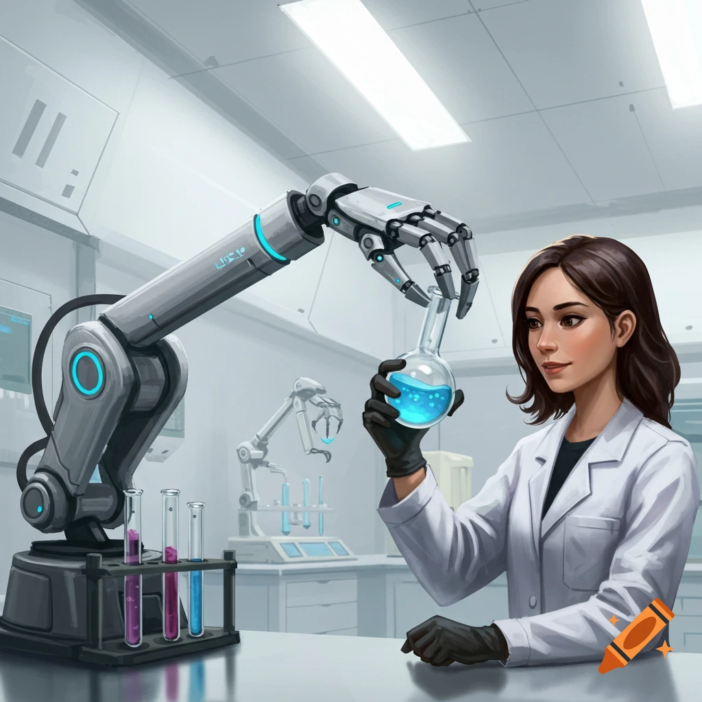 A robotic arm is handing a flask to a human scientist in a lab.