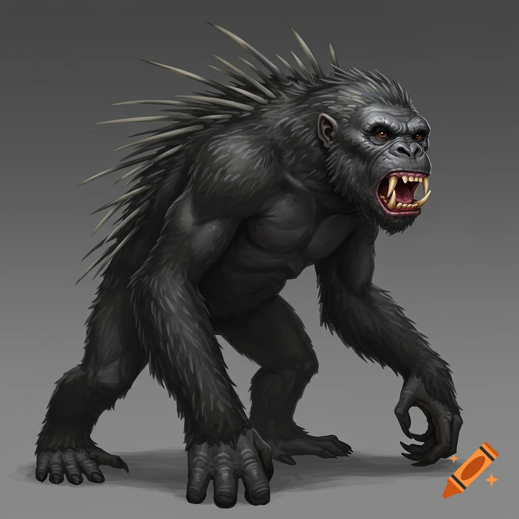 A hunched, ape-like fantasy beast with quills, fangs, and claws.