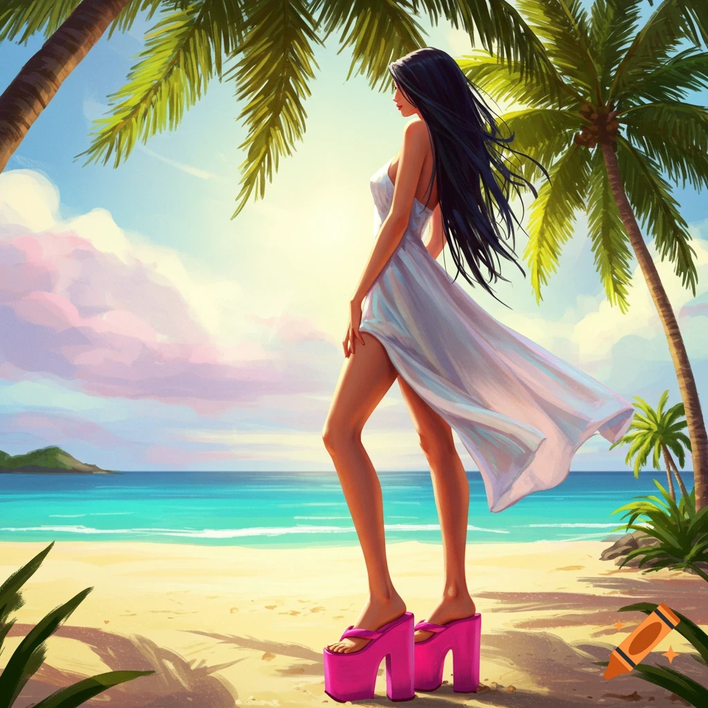 A woman in a white dress and pink platform flip-flops is on a tropical beach.
