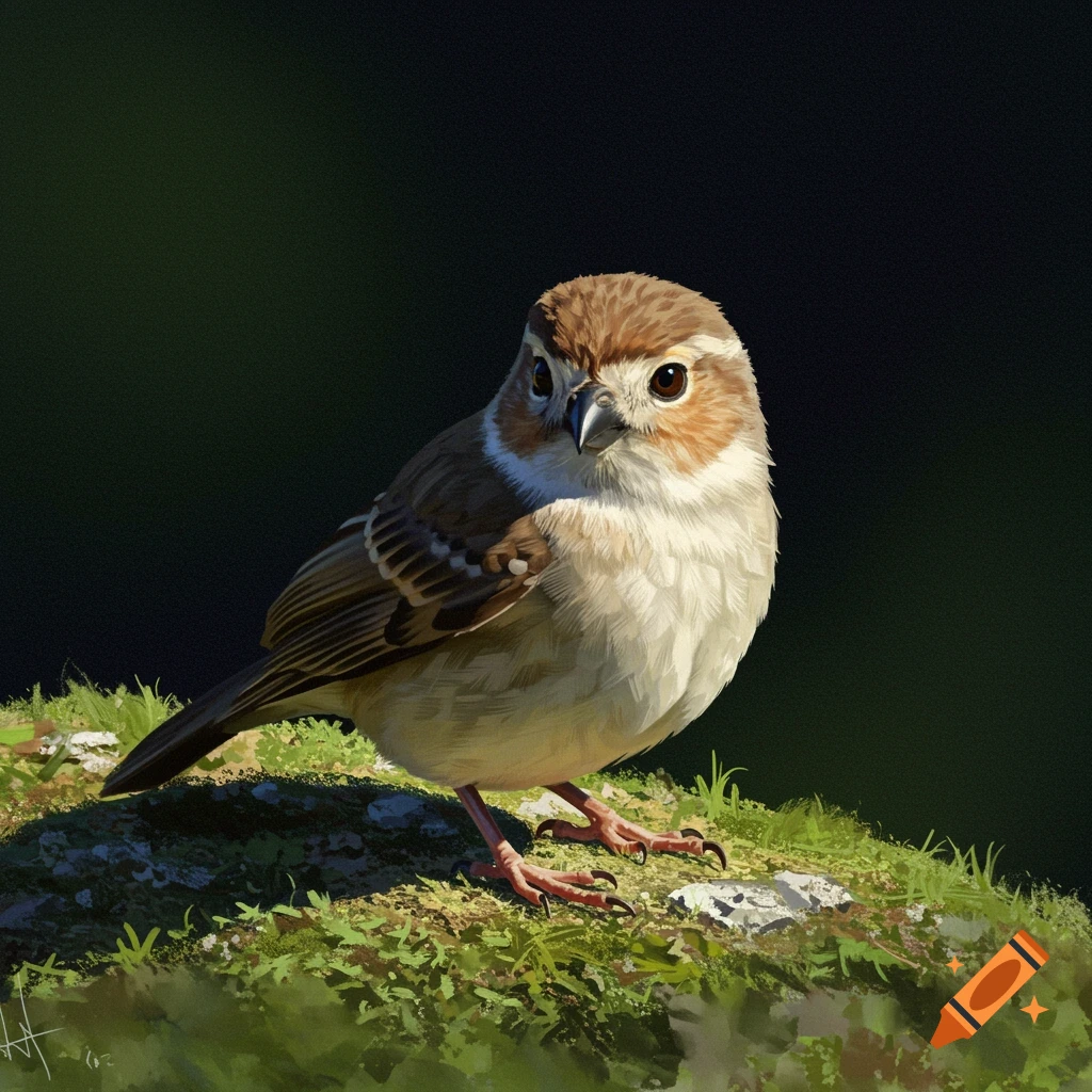A realistic image of a small brown and white bird perched on mossy ground.