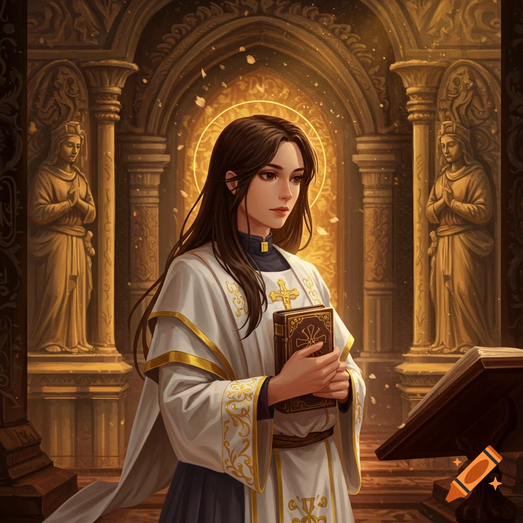 An acolyte holding a book in a temple.