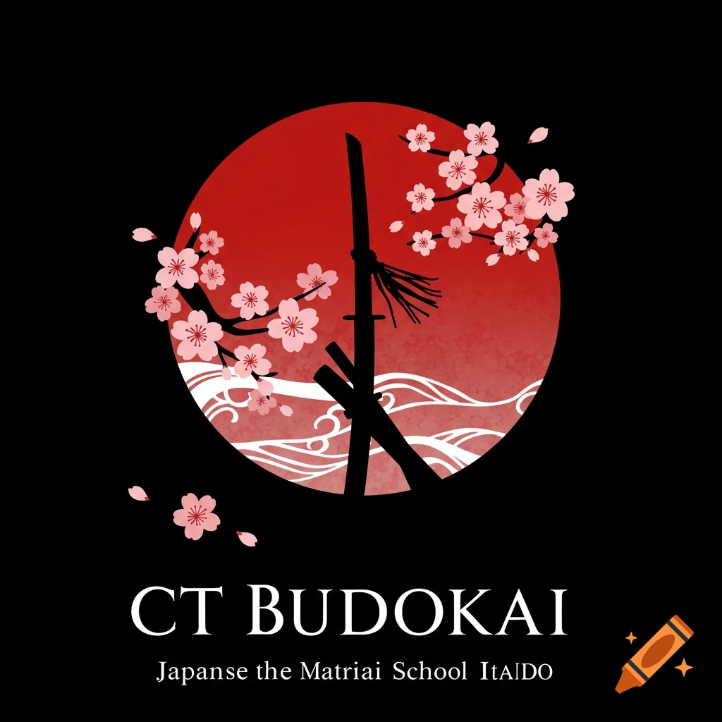 A logo with a red sun/moon, katana silhouette, sakura blossoms, and waves, in a Japanese art style, with text "CT BUDOKAI Japanse the Matriai School Itaido".