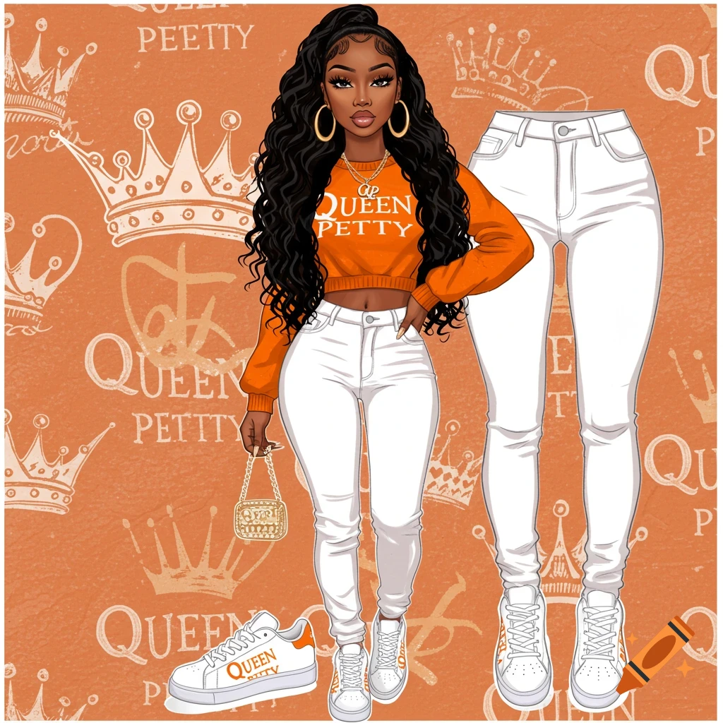 A woman wears an orange crop sweater and white jeans, standing in front of a textured background.