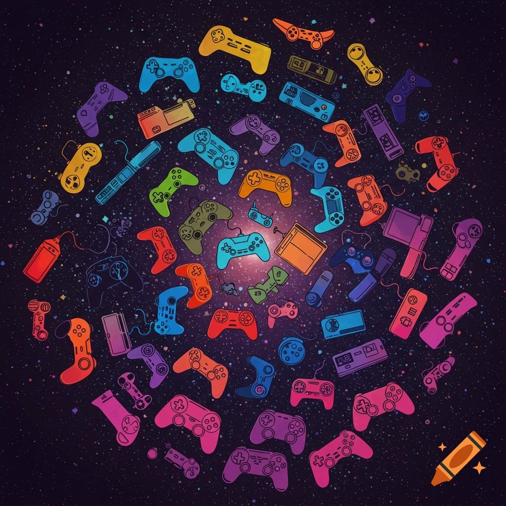 Vector illustration of colorful video game controllers and consoles in a starry galaxy background.