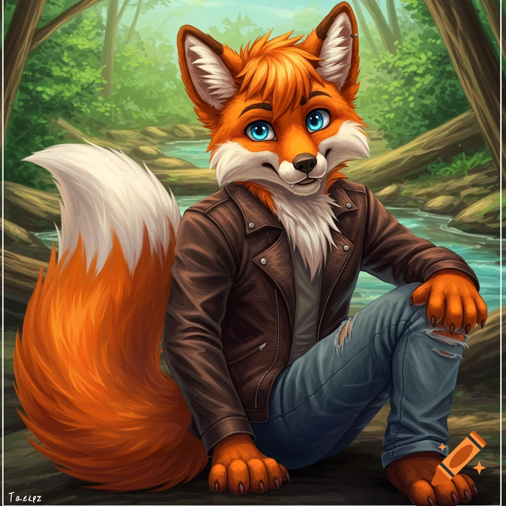 An anthropomorphic fox in a leather jacket and ripped jeans is crouching by a stream in a forest.