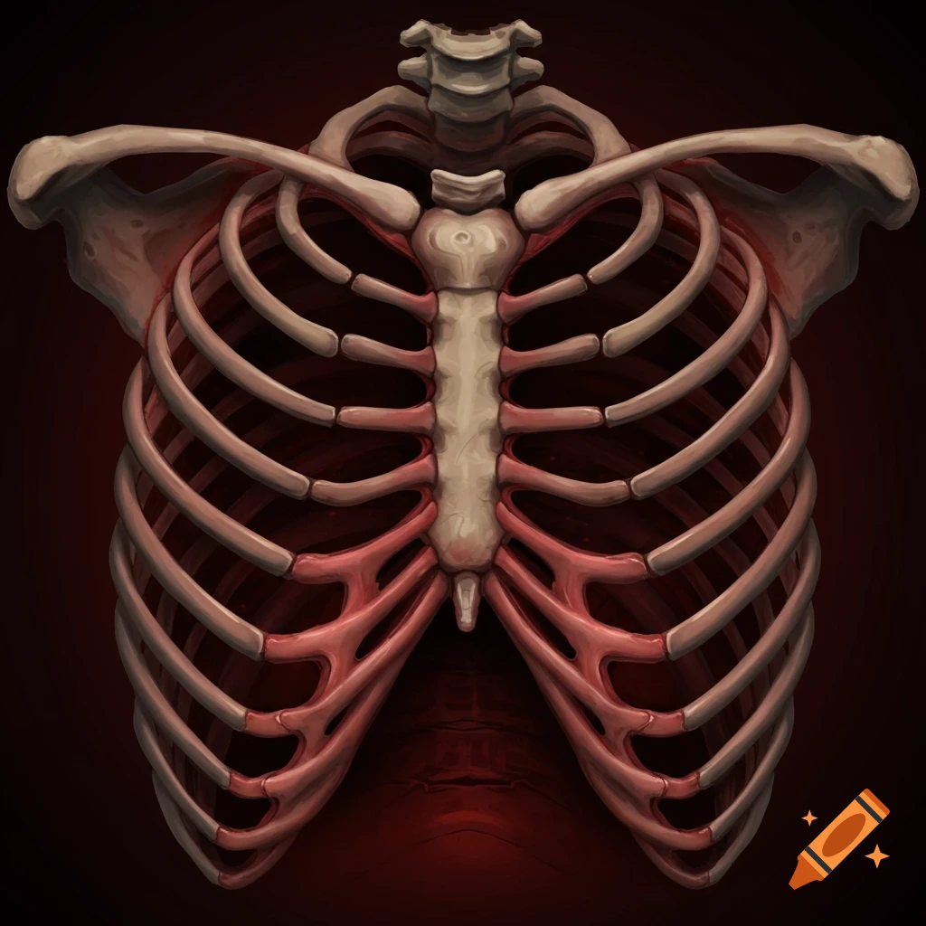 The image displays a human rib cage, sternum, and clavicles