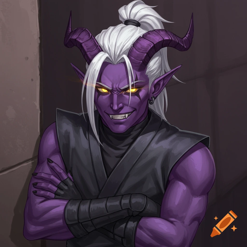 Portrait of a purple-skinned fantasy character with horns, white hair, and glowing eyes, wearing a black outfit, arms crossed.