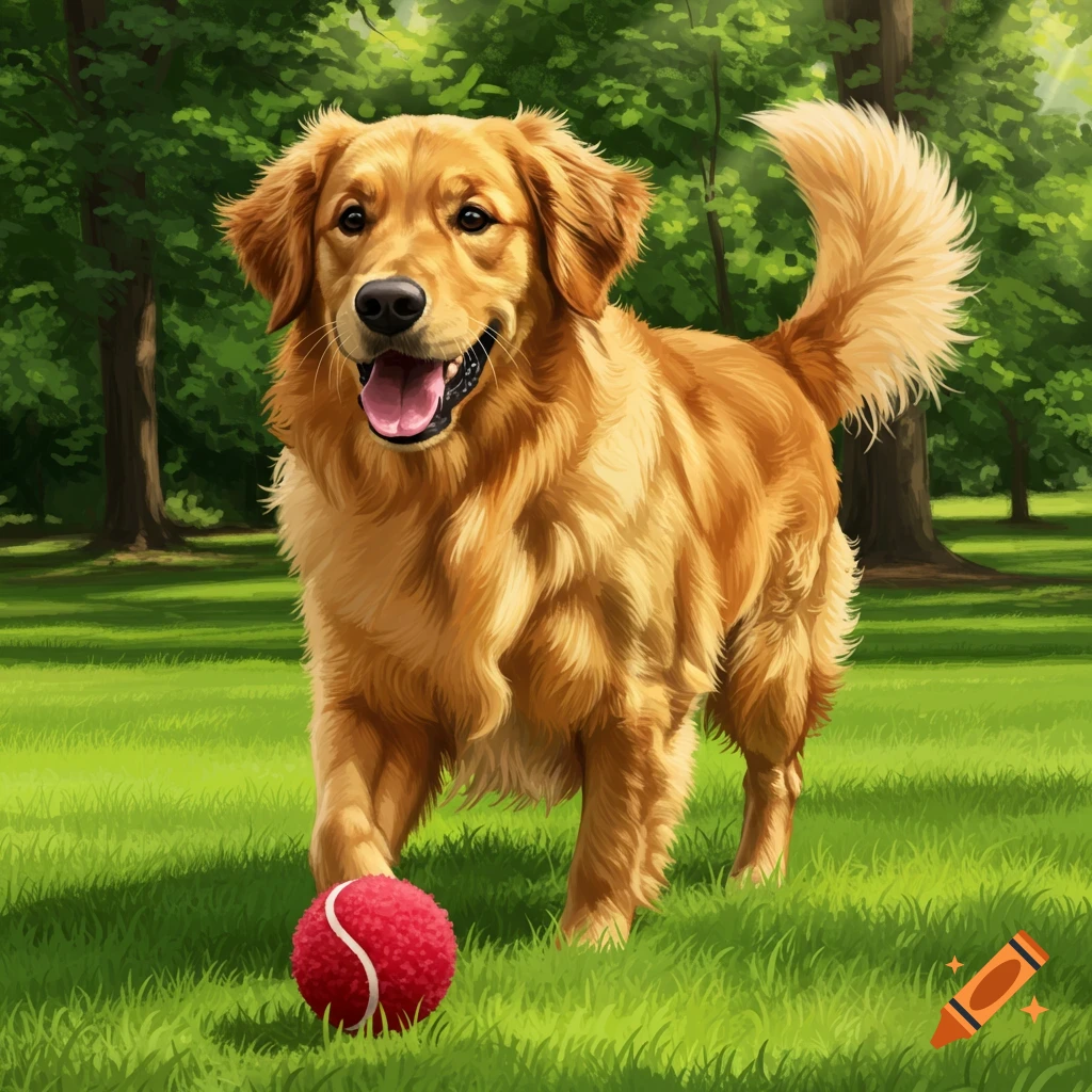 A Golden Retriever with a red ball in a grassy park.