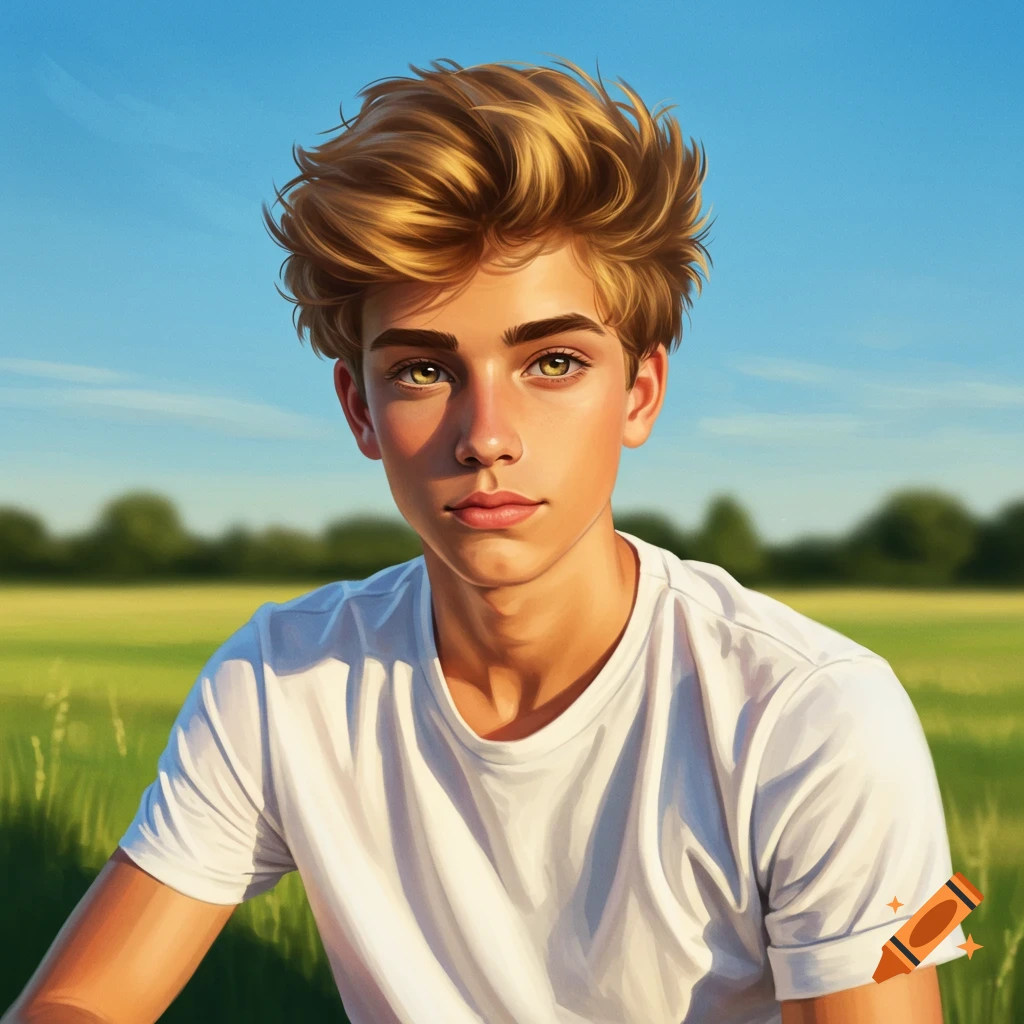 A young man with golden hair and hazel eyes in a field.