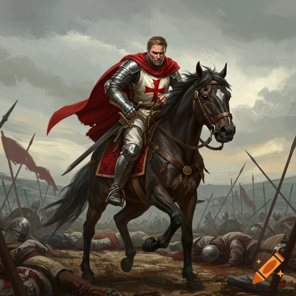 A Crusader riding a horse on a battlefield with fallen soldiers