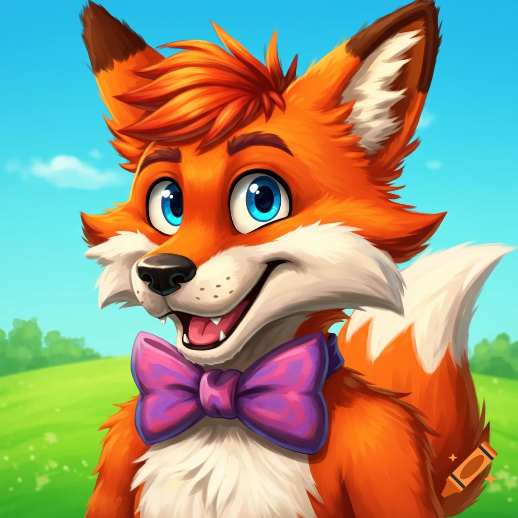 Close-up of a cartoon fox with blue eyes and a purple bow tie smiling in a field.