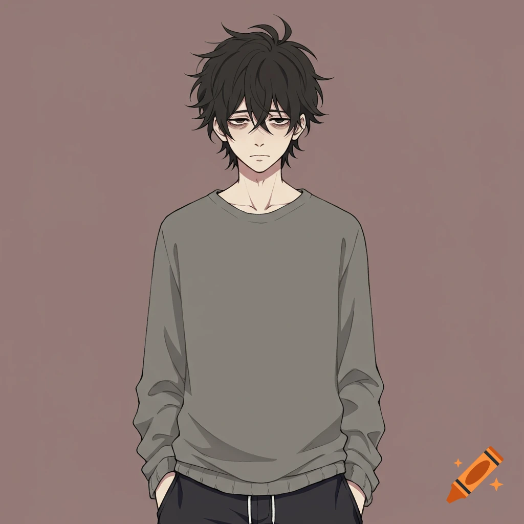 Anime-style man with messy dark hair and bags under eyes, wearing a grey sweater.