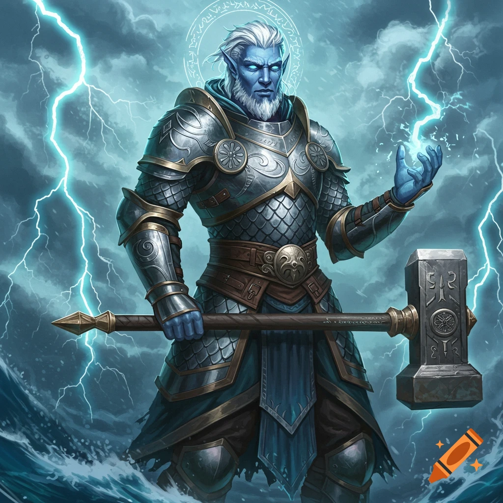A blue-skinned male fantasy cleric in armor with white hair, wielding a warhammer amidst lightning.