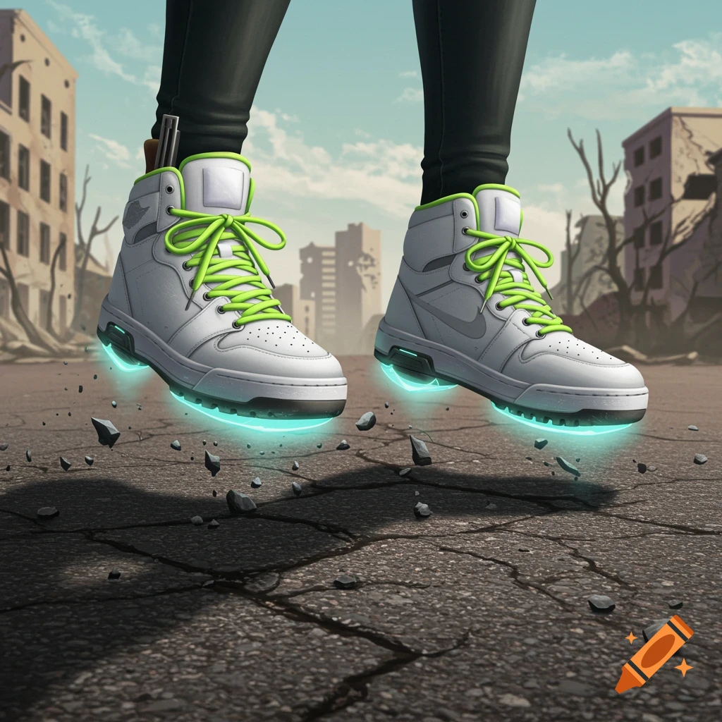 Floating white sneakers with neon green laces hover over cracked asphalt in a ruined city.