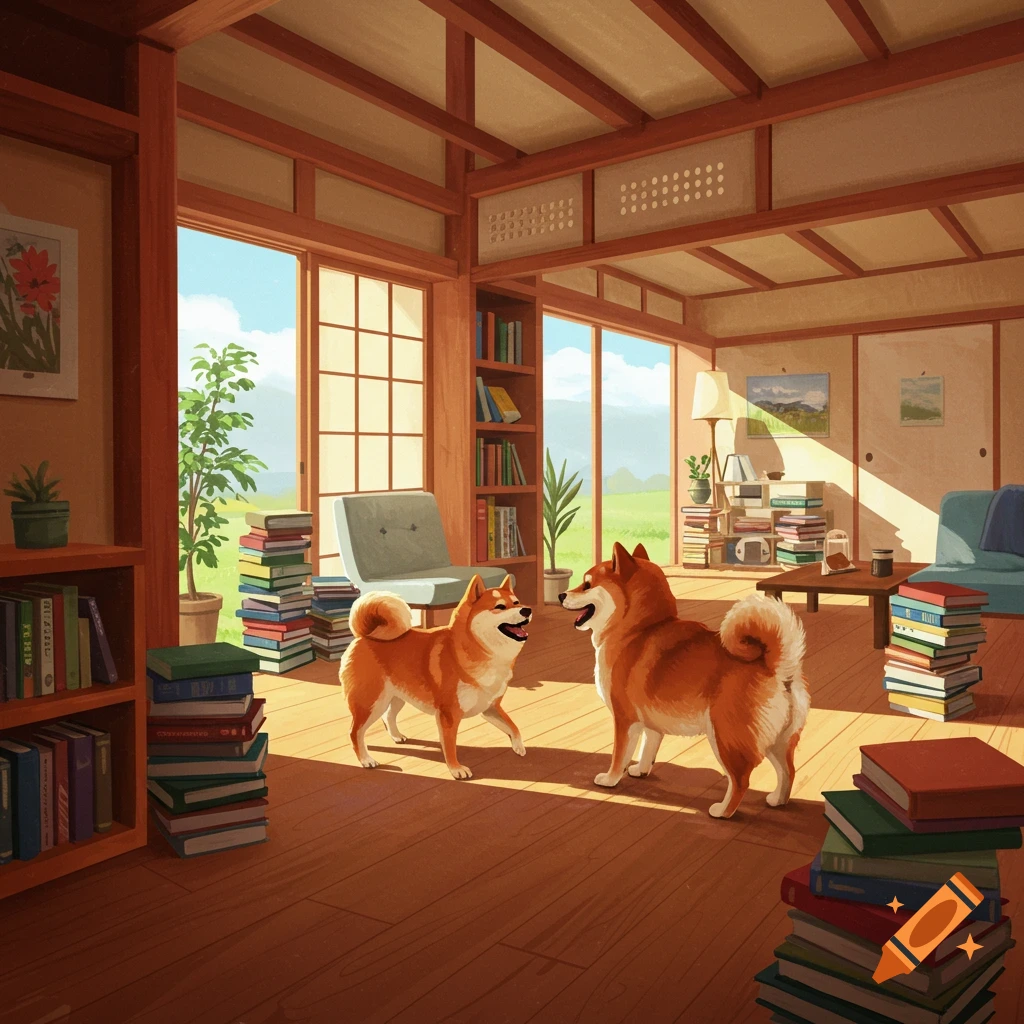 Two Shiba Inu dogs are in a Japanese-style room filled with stacks of books.
