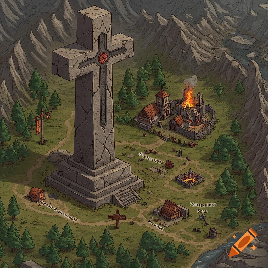 Isometric fantasy map illustration of a large stone cross monument, buildings, graves, and mountains.