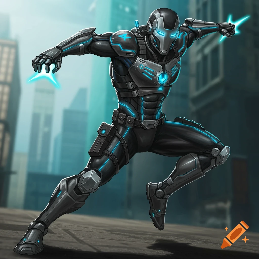 A black and blue futuristic armored hero in a dynamic pose in a city, digital art.