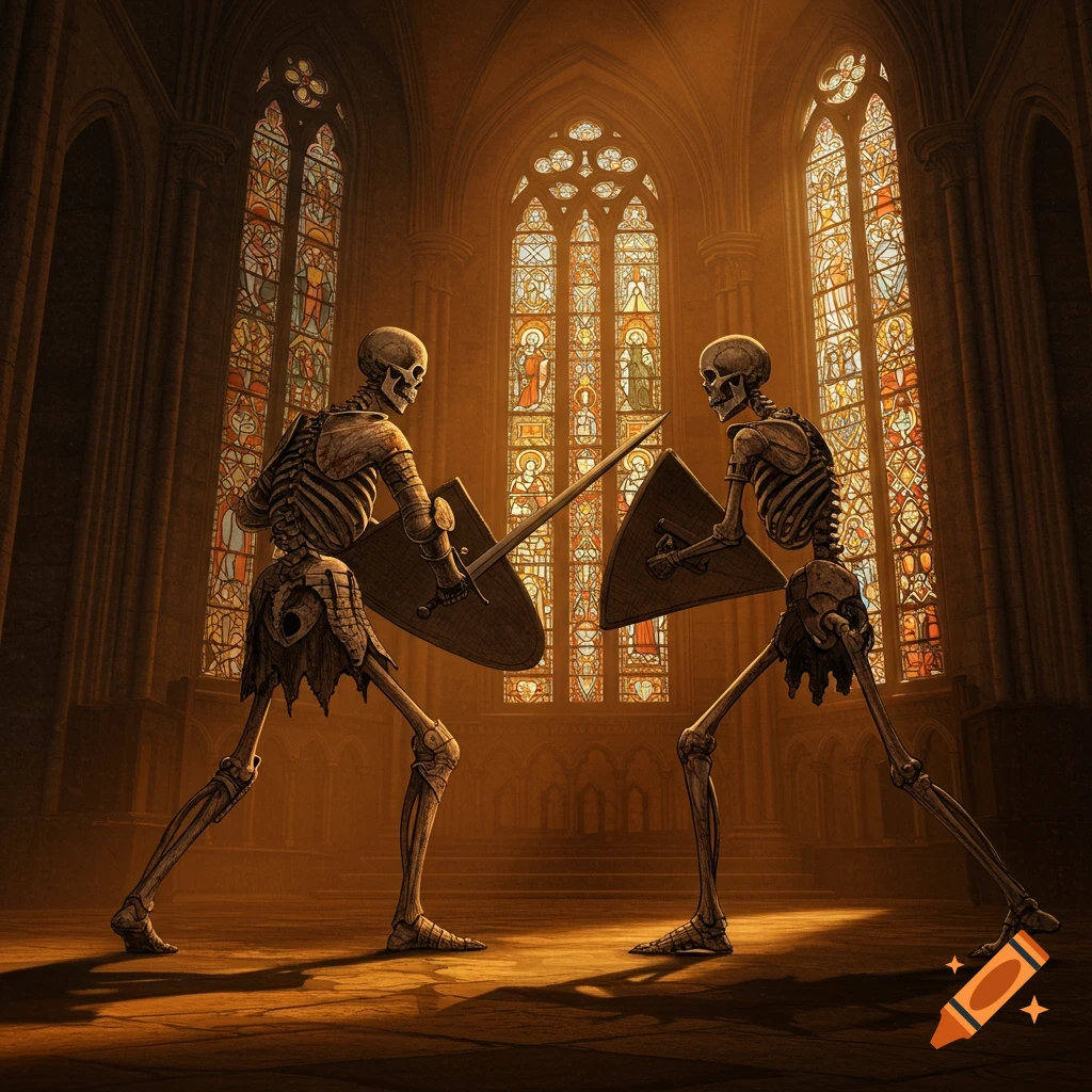 Two skeleton knights duel in a church with stained glass windows, vintage art style.