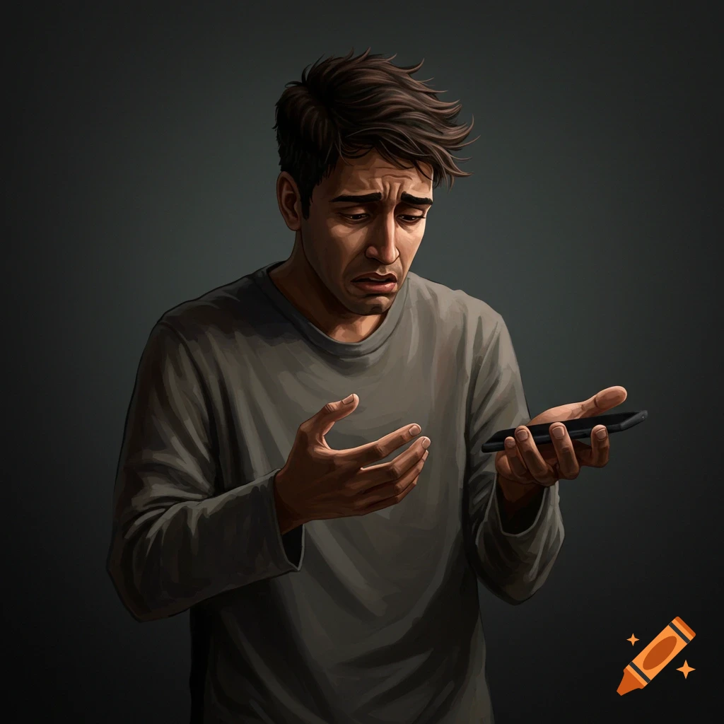 A distressed young man looks at his phone.